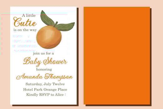 Little Cutie Citrus Themed Orange Baby Shower Invitation with fruit for summer party. Use it also for banners, thank you cards, posters and other decor for your celebration vector