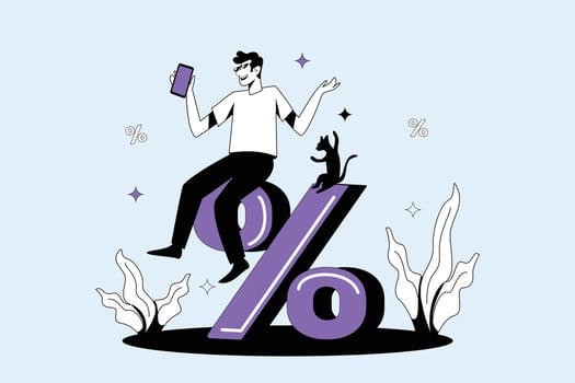 Business success illustration concept, Man seat on percentage sign vector art