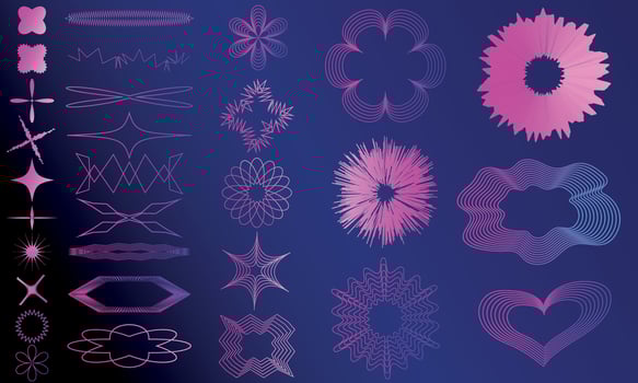 Trendy surreal geometric psychedelic elements in y2k style with stars, flowers shape, simple shapes forms, curved lines, minimalist basic form, memphis geometric elements in neon violet gradient color vector