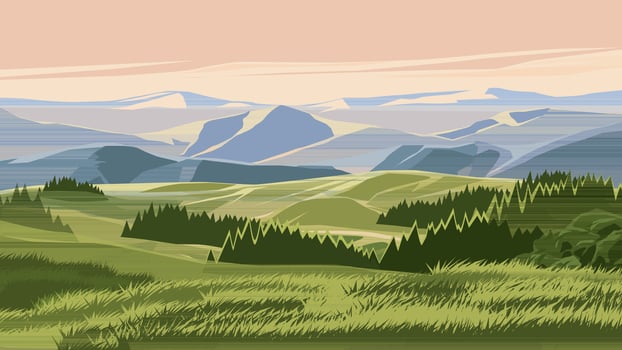 Vector flat landscape illustration of countryside with mountains and meadow