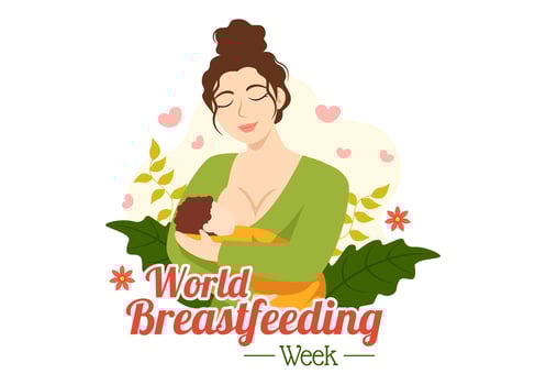 World Breastfeeding Week Vector Illustration of Feeding of Babies with Milk from a Womans Breast in Flat Cartoon Hand Drawn Templates