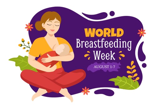 World Breastfeeding Week Vector Illustration of Feeding of Babies with Milk from a Womans Breast in Flat Cartoon Hand Drawn Templates