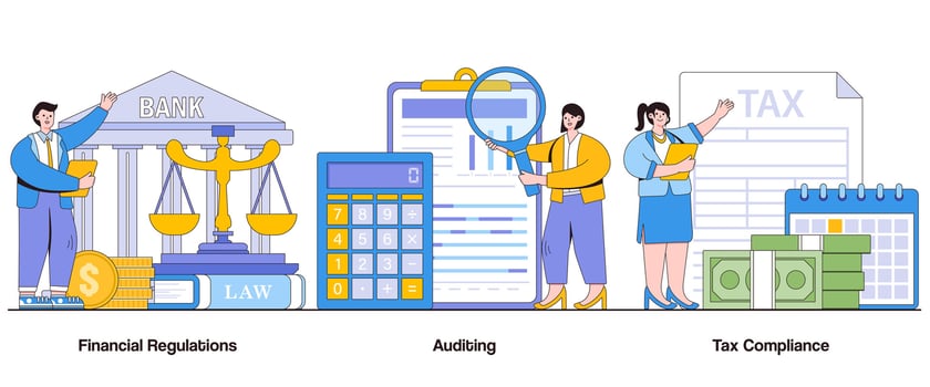 Financial Regulations, Auditing, and Tax Compliance Concept with Character. Fiscal Responsibility Abstract Vector Illustration Set. Transparency, Accountability, and Financial Integrity Metaphor