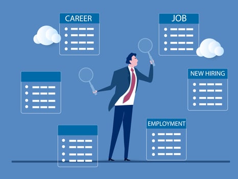 businessman using magnifying glass in both hands searching for new hiring career, Job seeking, search for new career and opportunity, looking for employment and job vacancy concept. vector