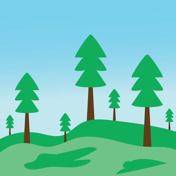 A cartoon drawing of trees on a hill with a blue sky in the background. vector