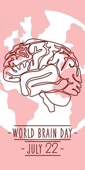 Postcard for World Brain Day, vector illustration with a cute brain in cartoon style on the background of the earth. July 22 and the bright burgundy outline of the human brain. Medicine, human health