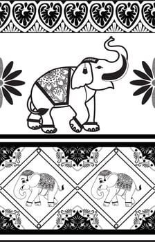 Elephant pattern. Seamless. White stripes, black background. Ethnicity. Floral patterns, printed fabrics, pants, Lanna. vector
