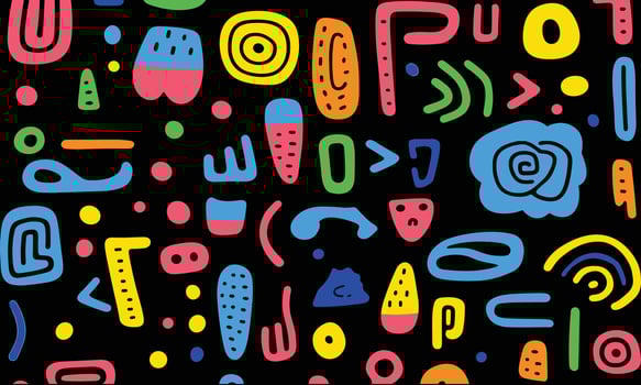 colorful abstract pattern of different shapes and colors on a black background, in the style of simple line drawings, minimalist brush work, east village art, whimsical doodles, bold color blocks vector