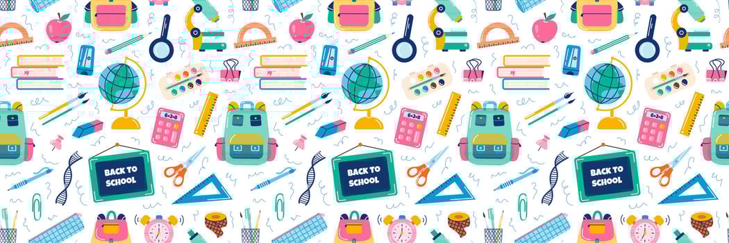 School supplies elements, vector seamless pattern, back to school on white background