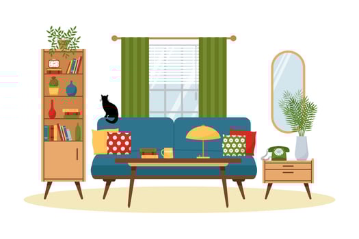 Vintage living room interior with wardrobe and sofa. Retro furniture set in 60s style. Flat vector illustration.