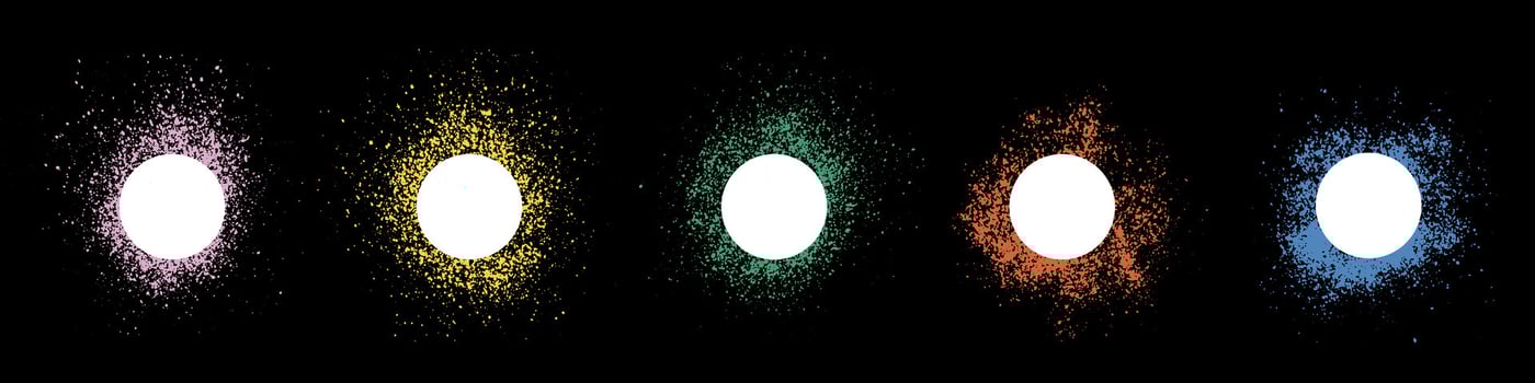 Frame in Circle Shape Set. Color Ink Splatter Collection. Spray Border Stencil. Paint Brush Texture. Blank Round Stain. Abstract Design Element on Black Background. Isolated Vector Illustration.