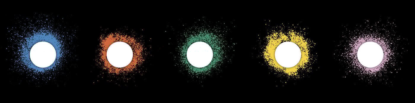 Frame in Circle Shape Set. Color Ink Splatter Collection. Spray Border Stencil. Paint Brush Texture. Blank Round Stain. Abstract Design Element on Black Background. Isolated Vector Illustration.