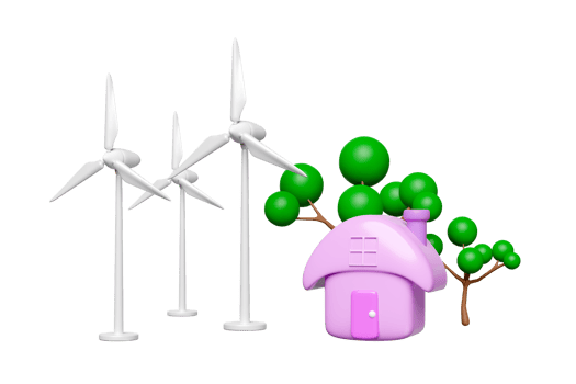 3d windmill, wind turbine with house, tree isolated. free electricity, renewable energy concept, 3d render illustration png