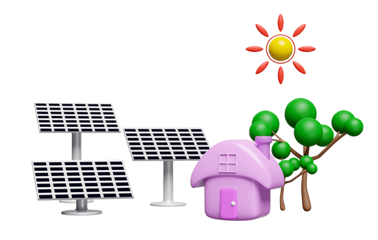 Solar Panel with house, tree isolated. free electricity, renewable energy concept, 3d render illustration png