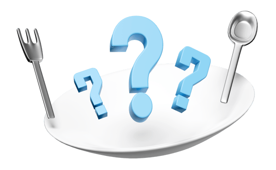 porcelain plate with spoon, fork, question mark isolated. eat what concept, 3d render illustration png