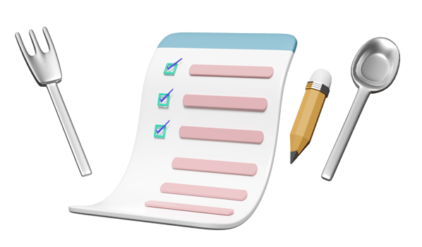 food items, menu with spoon, fork, check mark, pencil isolated. 3d render illustration png