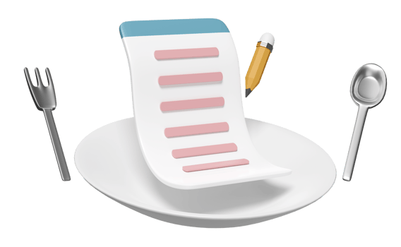 porcelain plate with food items, menu, spoon, fork, question mark, pencil isolated. eat what concept, 3d render illustration png