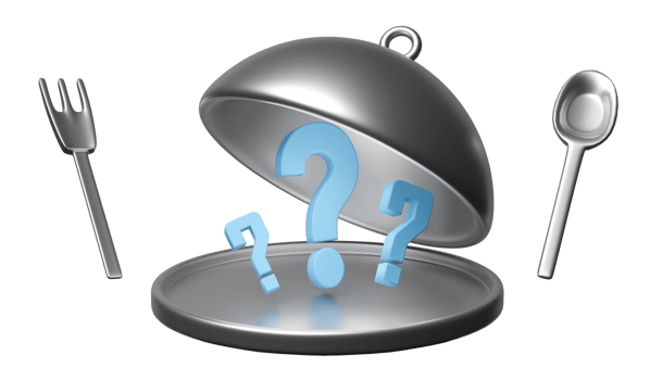 silver plate with food cover, spoon, fork, question mark isolated. eat what concept, 3d render illustration png