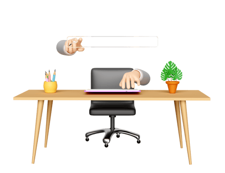 3d search bar with businessman hand pointing finger, magnifying glass, office room isolated. web search engine, web browsing concept, 3d render illustration png