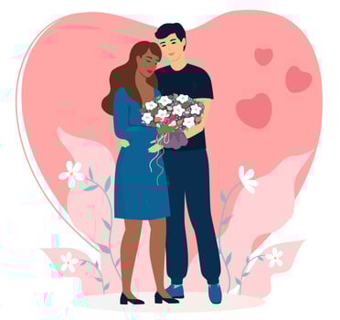 Valentines day card. Man and woman hugging with heart on the background. Romantic illustration. Sweethearts. Dating people together in relationship. Flowers. 14 February. Vector. vector