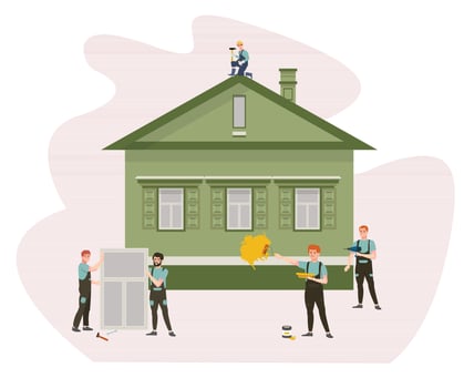 House renovation. Masters fixing wooden house. Windows installation, walls painting, drilling, renovating. Work team wearing uniform. Flat vector illustration.