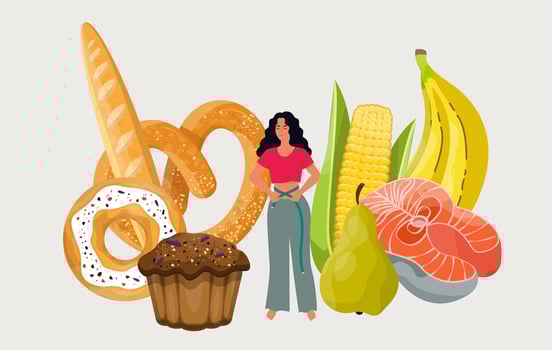 Woman on a diet measuring her waist with junk food and healthy food on the background. Healthy eating. Weight loss concept. Flat vector illustration.