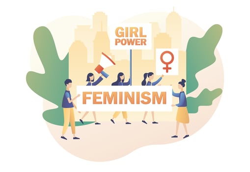 Girl power and feminism concept. Tiny women with banner, posters and megaphon. Female gender symbol. Modern flat cartoon style. Vector illustration on white background