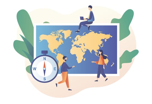 Tiny people study atlas Earth. World map. Geography concept. Globalisation. Modern flat cartoon style. Vector illustration on white background