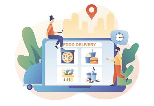 Food delivery service. Pizza, burger, french fries, sushi, rice, food basket. Tiny people order food online in website on laptop screen. Modern flat cartoon style. Vector illustration