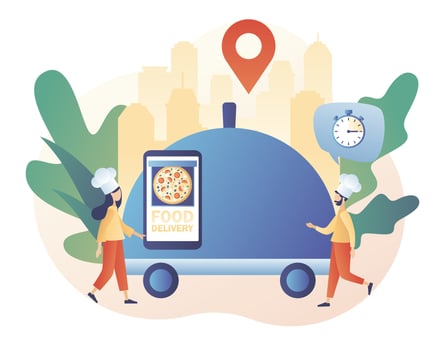 Food order online service. Pizza in app on smartphone screen. Tiny people delivery food. Chefs and courier prepare food to order. Modern flat cartoon style. Vector illustration on white background