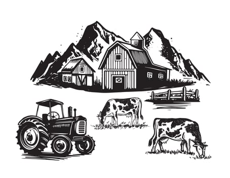 Farm, Tractor, sketch vintage, hand drawn, vector
