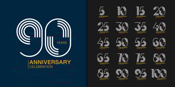 Set of trendy anniversary logotype. Modern geometric anniversary celebration icons design for company profile, leaflet, magazine, brochure poster, web, invitation or greeting card. vector