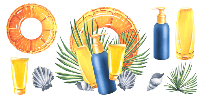 Inflatable swim ring with orange slice print with sunscreen, palm leaves, seashells. Watercolor illustration, hand drawn. Set of isolated compositions and elements png