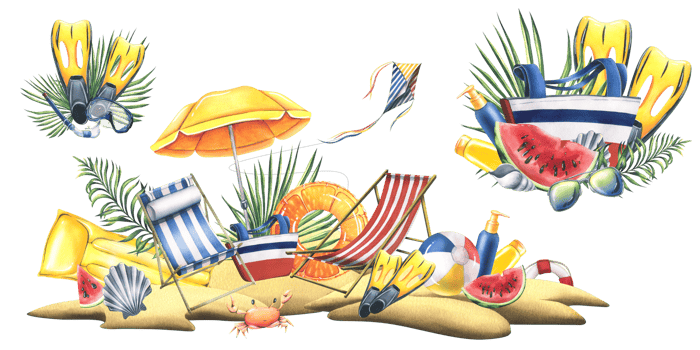 Beach chairs, umbrella, watermelon, sun creams, swimming equipment with tropical leaves on a sandy island. Watercolor illustration, hand drawn. Set of isolated compositions png