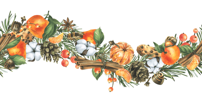 Christmas decor with tangerines, champagne, sweets and pine branches. Watercolor illustration, hand drawn. For congratulations and holiday. Horizontal seamless garland png
