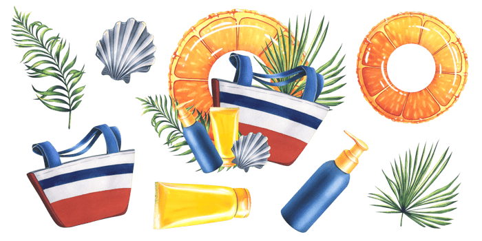 Beach striped, fabric bag with sunscreen, palm leaves, seashells. Watercolor illustration, hand drawn. Set of isolated compositions and elements png