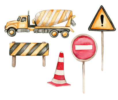 Road signs and yellow concrete mixer. Watercolor hand drawn illustration. png
