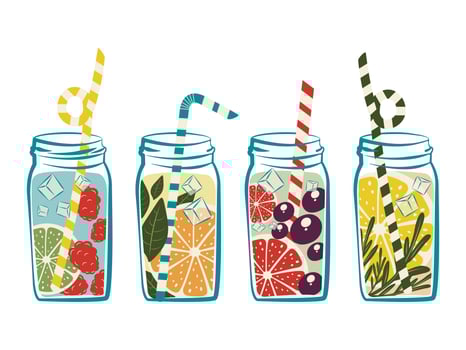 drinks, set of summer, cool, citrus drinks in jars with a straw, vector illustration