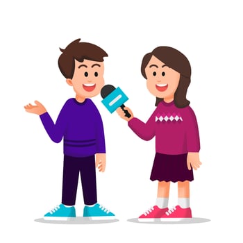 little girl learns to be a journalist and interviews a boy vector