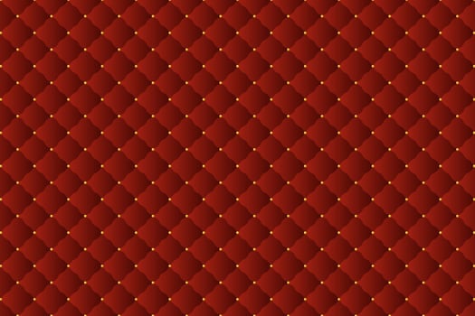 Luxury red velvet upholstery leather texture with golden beads vector background. Capitone tufted fabric upholstery texture with gold beads. Vector illustration.