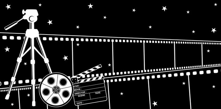 Vector illustration film cinema strip backgrounds with stars and camera reel for Presentations and decks, ads, marketing materials, Digital interfaces, banner, header, advertising, abstract wallpapers