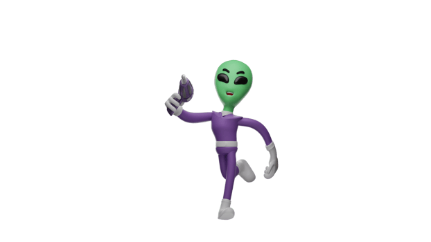 3D illustration. Attractive Alien 3D cartoon character. Alien in running pose. Alien ran fast while carrying a drill. The alien pointed its drill bit forward. 3D cartoon character png