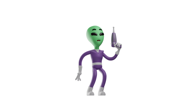 3D illustration. Weird Alien 3D cartoon character. The alien brandished his drill bit up. The alien showed a strange expression. Alien is green. 3D cartoon character png