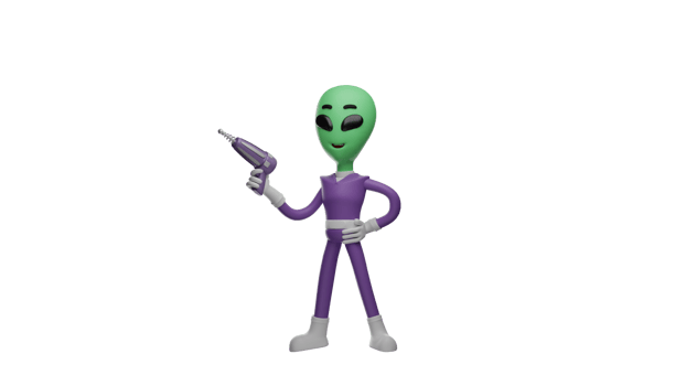 3D illustration. Cool Alien 3D cartoon character. Alien stood while pointing his drill tool forward. The alien put one hand on his waist. Aliens look dashing and dignified. 3D cartoon character png