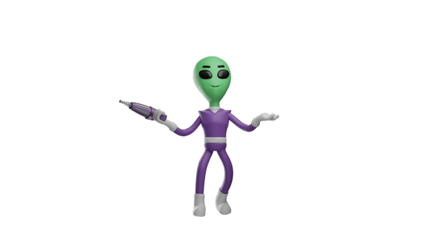 3D illustration. Confused Alien 3D cartoon character. The alien spread its arms. Alien brings the drill tool that he will use. The alien showed a confused expression. 3D cartoon character png