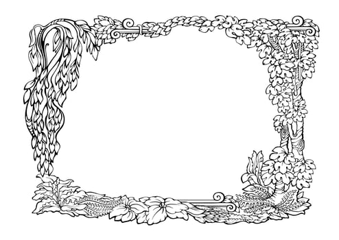 Botanical border with tropical plants. Outline floral frame. Vector