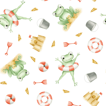 Cute frogs in a swimming circle, sand castles, balls, a sand shovel and shells. Watercolor seamless pattern. For baby shower, textiles, nursery decor, packaging, wrapping paper and scrapbooking png
