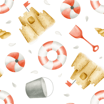 Sand castles, balls, bucket and shovel for sand and shells. Children's toys for the beach. Watercolor seamless pattern. For baby shower, textiles, nursery decor, wrapping paper and scrapbooking png