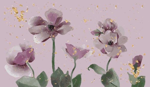 watercolor spring floral background with gold flakes. vector