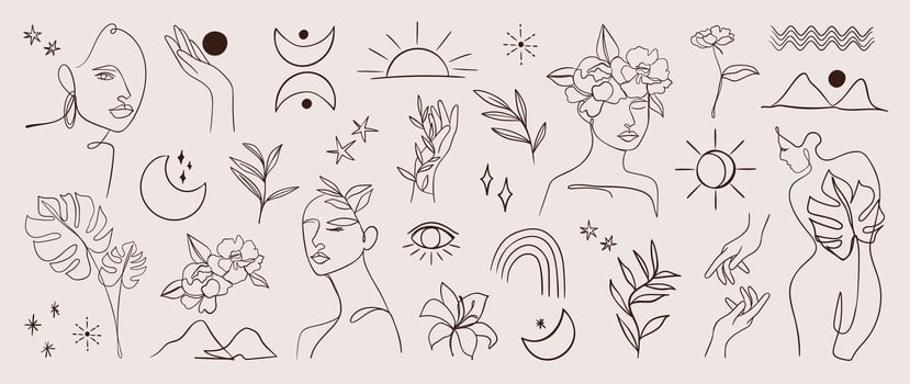 Minimal hand drawn line art vector set. Aesthetic line art design with  woman body, face, hands, body, mountain, moon, sun, flower. Abstract drawing for wall art, decoration, wallpaper, tattoo.